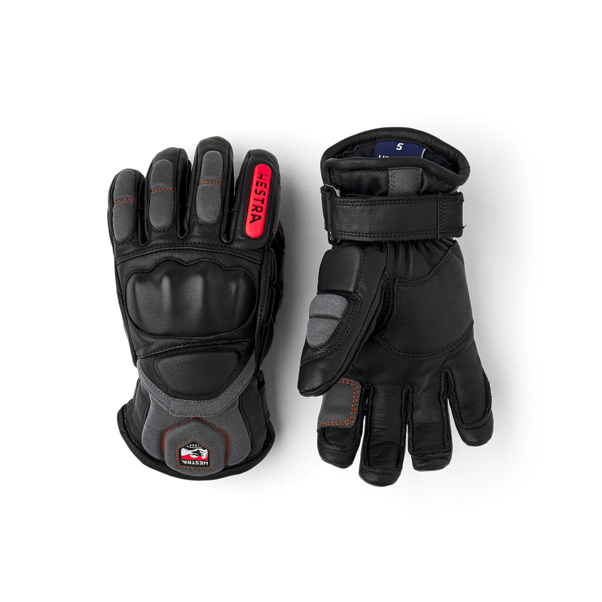 Pair of Hestra Impact Racing junior gloves, black leather with red HESTRA logo
