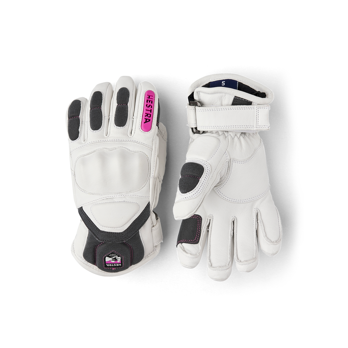 Kids racing gloves set, white with black panels and Hestra logo patch, pink accents
