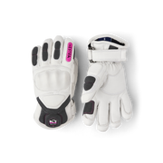 Kids racing gloves set, white with black panels and Hestra logo patch, pink accents