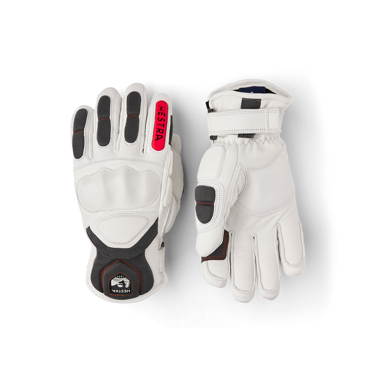 Hestra Impact Racing SR gloves, white leather with gray panels and red Hestra label