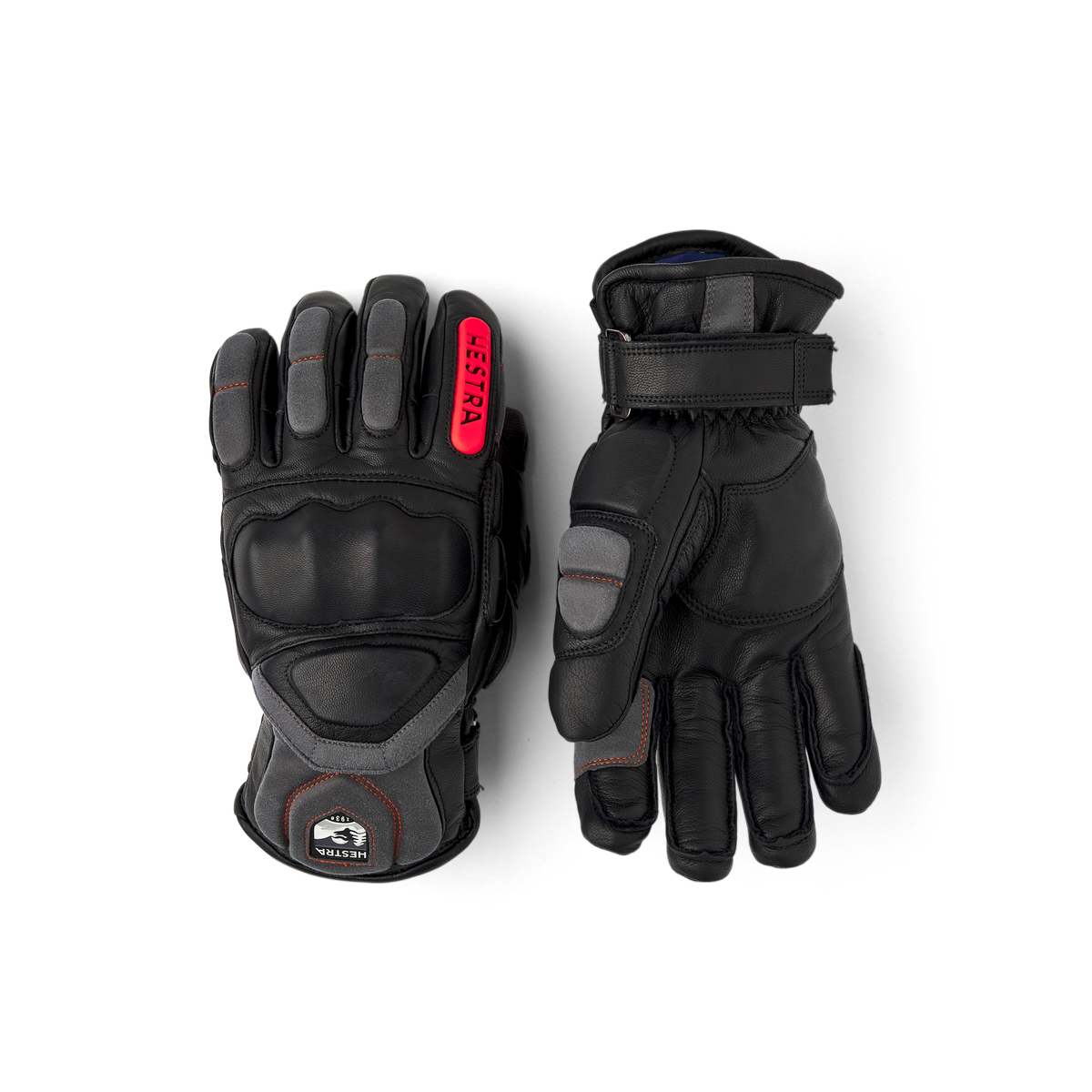 Hestra Impact Racing SR gloves, black leather with gray fingertips and red Hestra badge