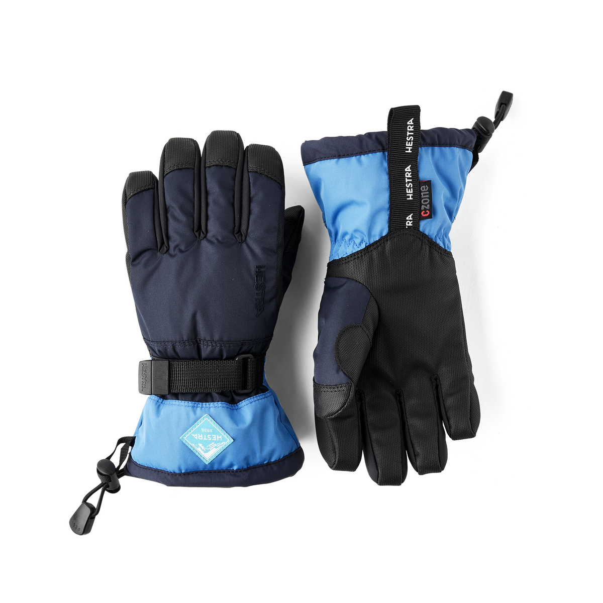 Kids gauntlet gloves in dark navy and light blue with padded back and wrist strap