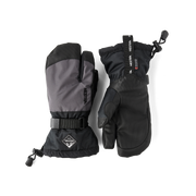 Kids gauntlet glove pair in black and grey with wrist strap, pull loop, 3-finger shape