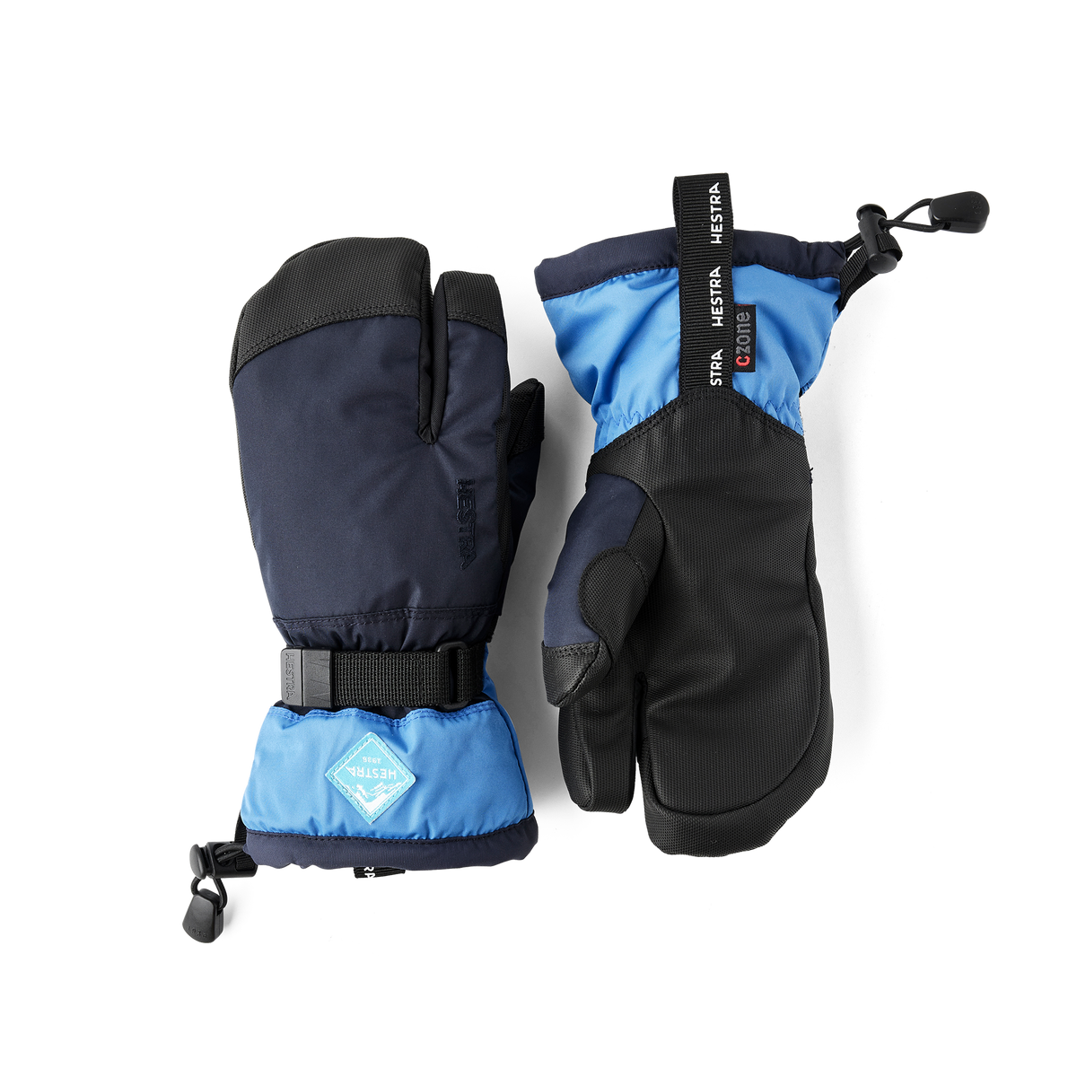 Hestra Gauntlet CZone Jr 3-finger gloves, dark navy and sky blue colorway pair