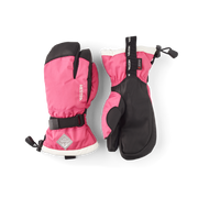 Kids pink and black gauntlet gloves pair with 3-finger shape and wrist straps