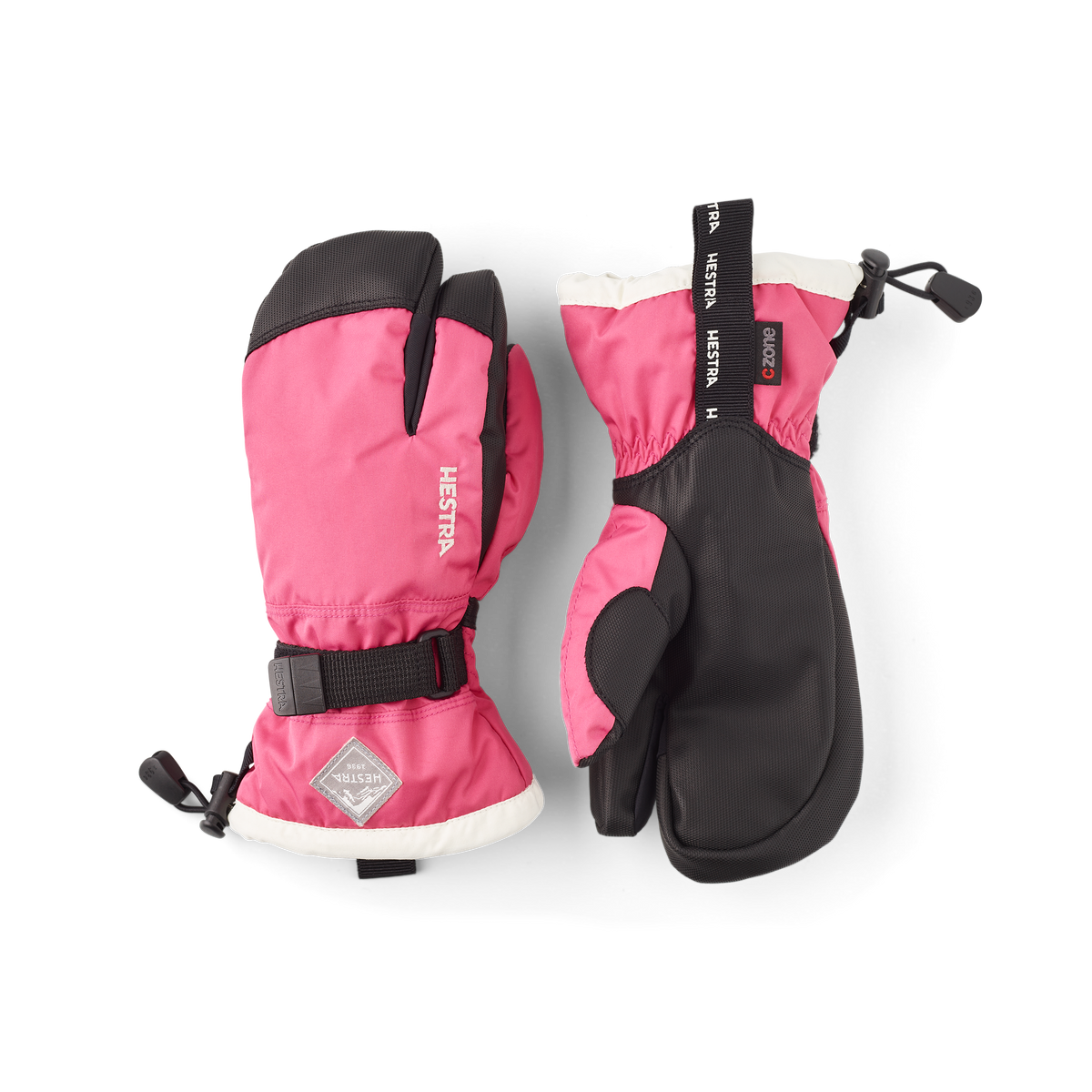 Kids pink and black gauntlet gloves pair with 3-finger shape and wrist straps
