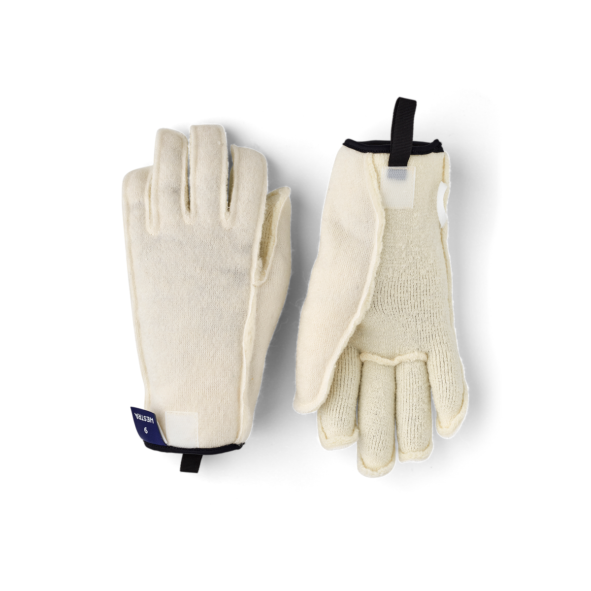 Off-white wool glove liners with short cuff and fuzzy terry-pile texture