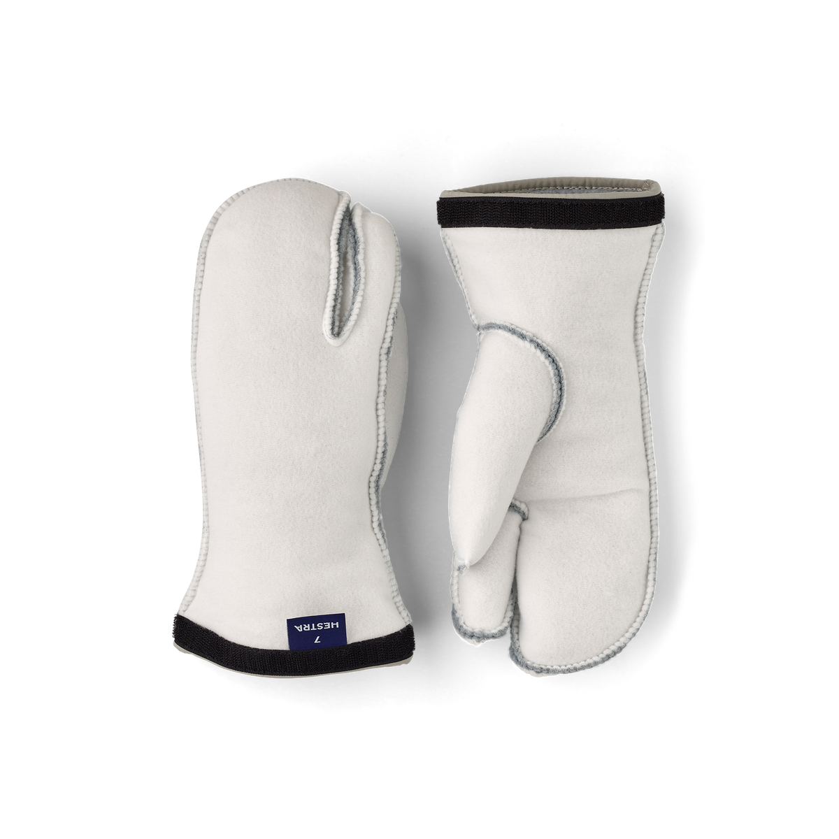 Off-white 3-finger ski glove liners, pair view with black knit cuff