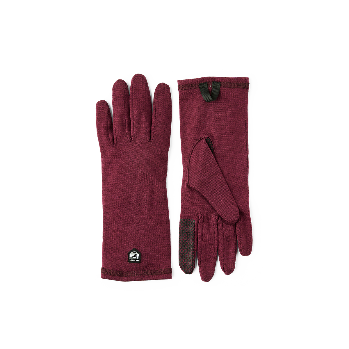 Bordeaux merino wool long glove liners, front and back pair view