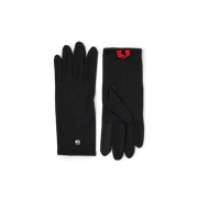 Black merino wool long glove liners, front and back view on dark background