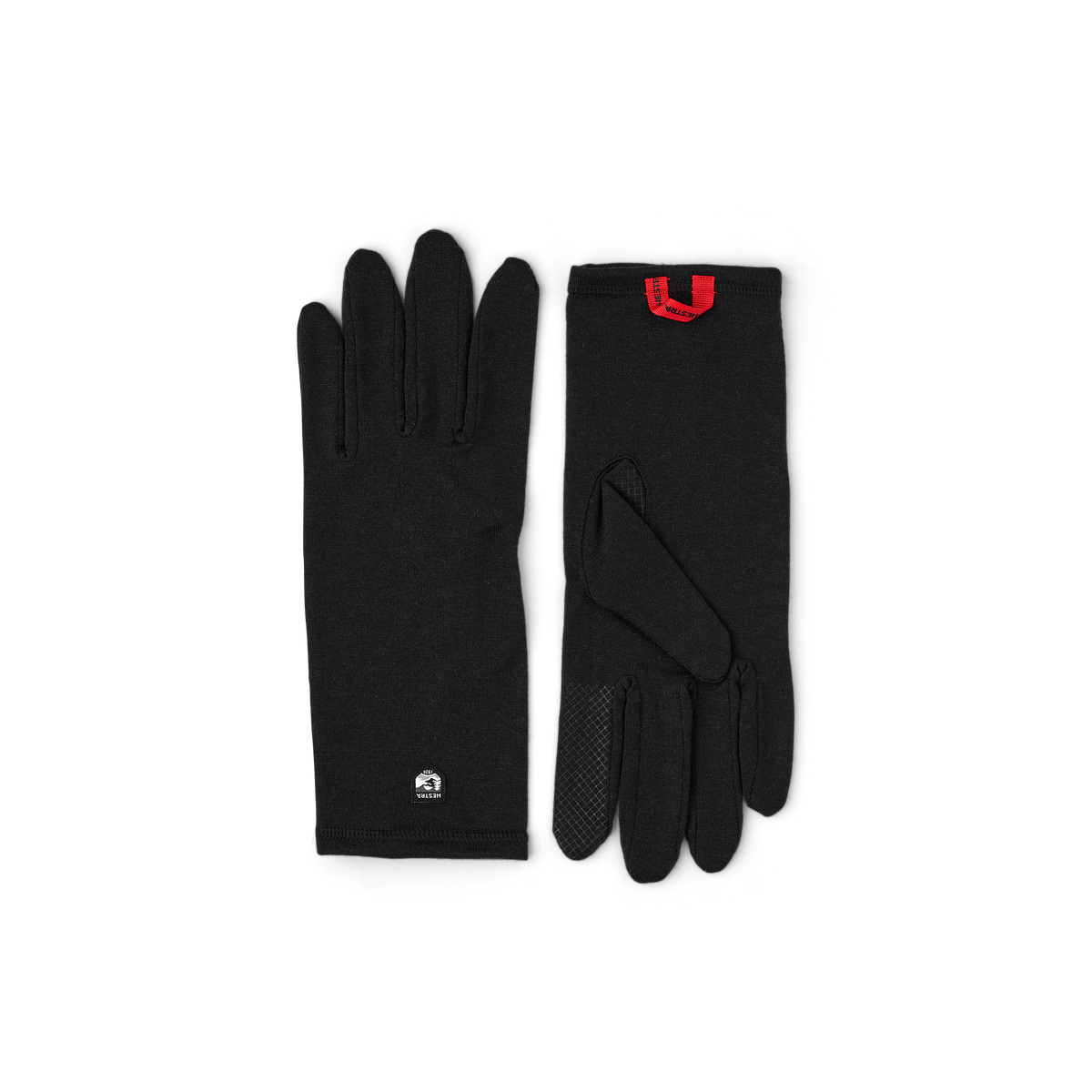 Black merino wool long glove liners, front and back view on dark background