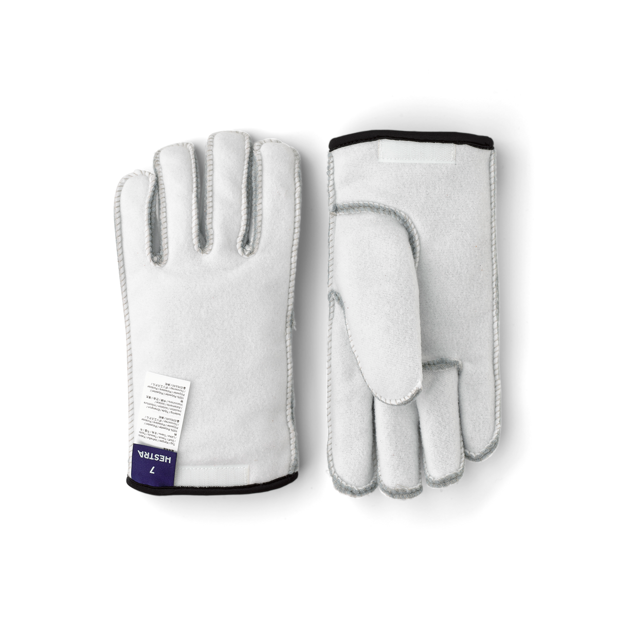 Off-white glove liners with five-finger design and stitched cuffs