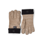 Beige merino knit glove liners with black fabric cuff and fingered design