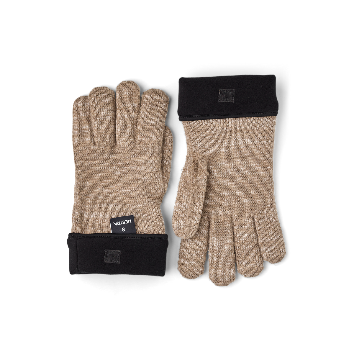 Beige merino knit glove liners with black fabric cuff and fingered design