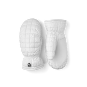 White padded mittens with quilted pattern and elastic cuff, Hestra-style design patch