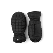 Black quilted puffer mittens with elastic wrist cuff and logo patch