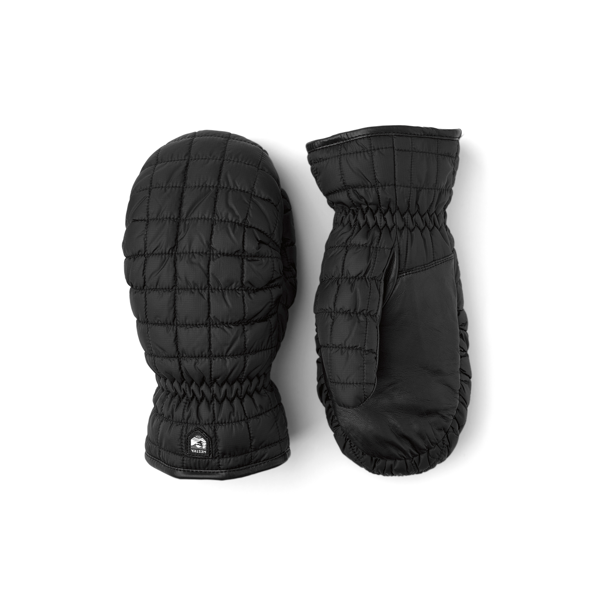 Black quilted puffer mittens with elastic wrist cuff and logo patch