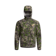 Green camouflage fleece hooded jacket, full-zip front with chest logo, front view
