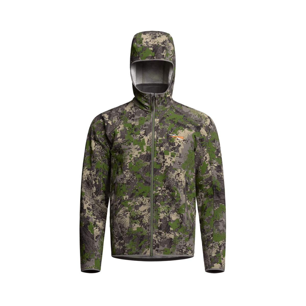 Green camouflage fleece hooded jacket, full-zip front with chest logo, front view