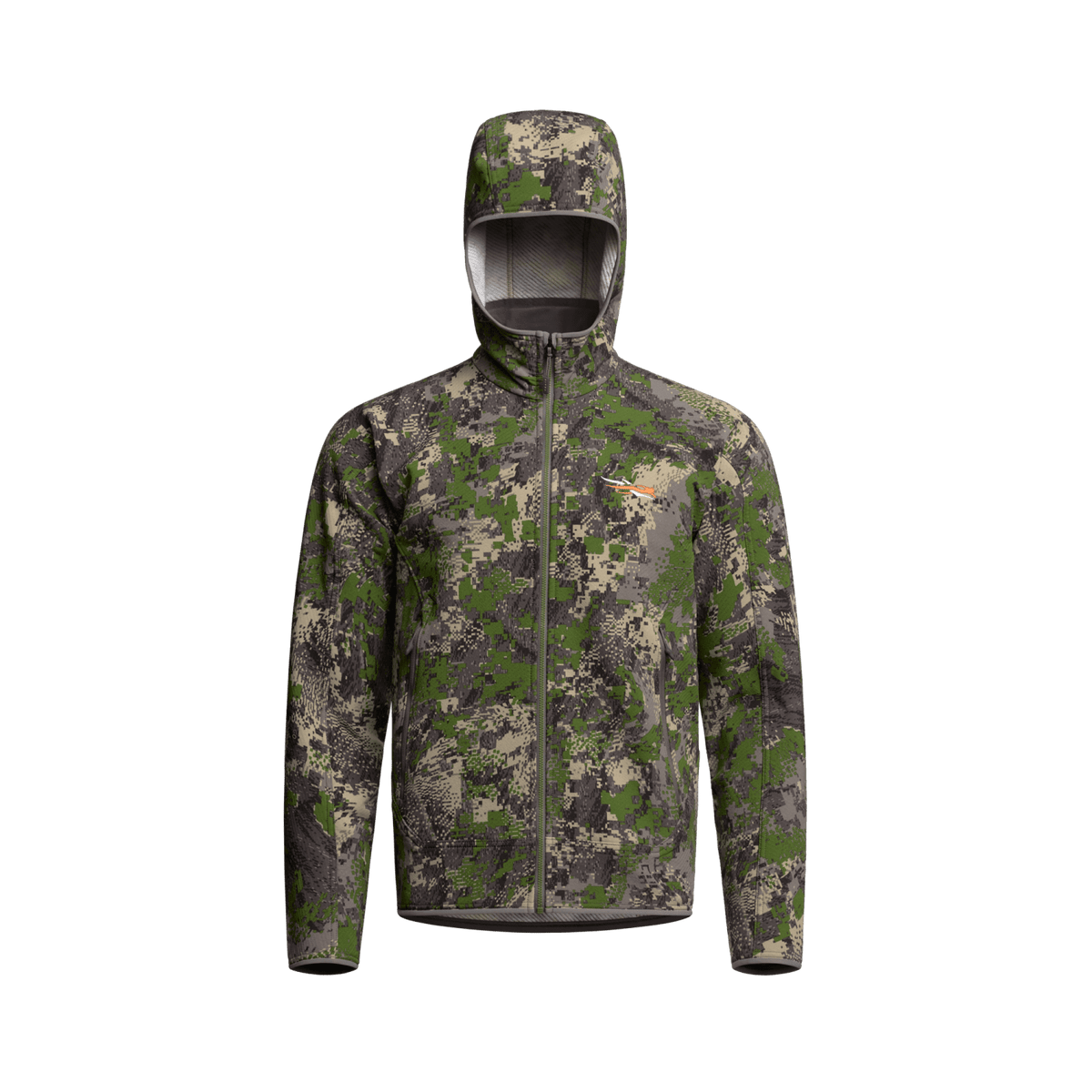 Green-and-brown camo fleece hooded jacket with full-length zipper and hood