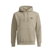 Light tan Icon pullover hoodie with chest logo, hood drawstrings, and pocket