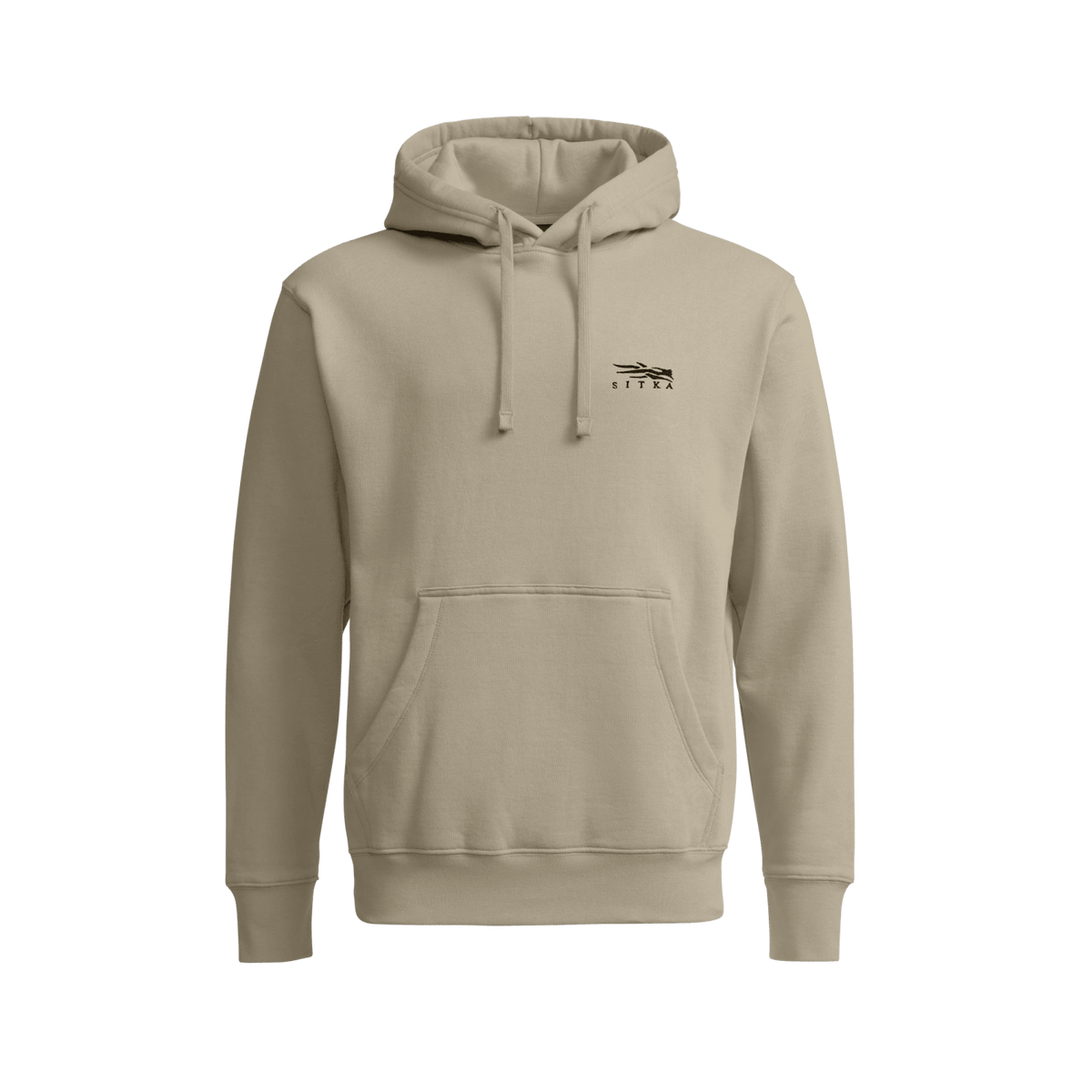Light tan Icon pullover hoodie with chest logo, hood drawstrings, and pocket