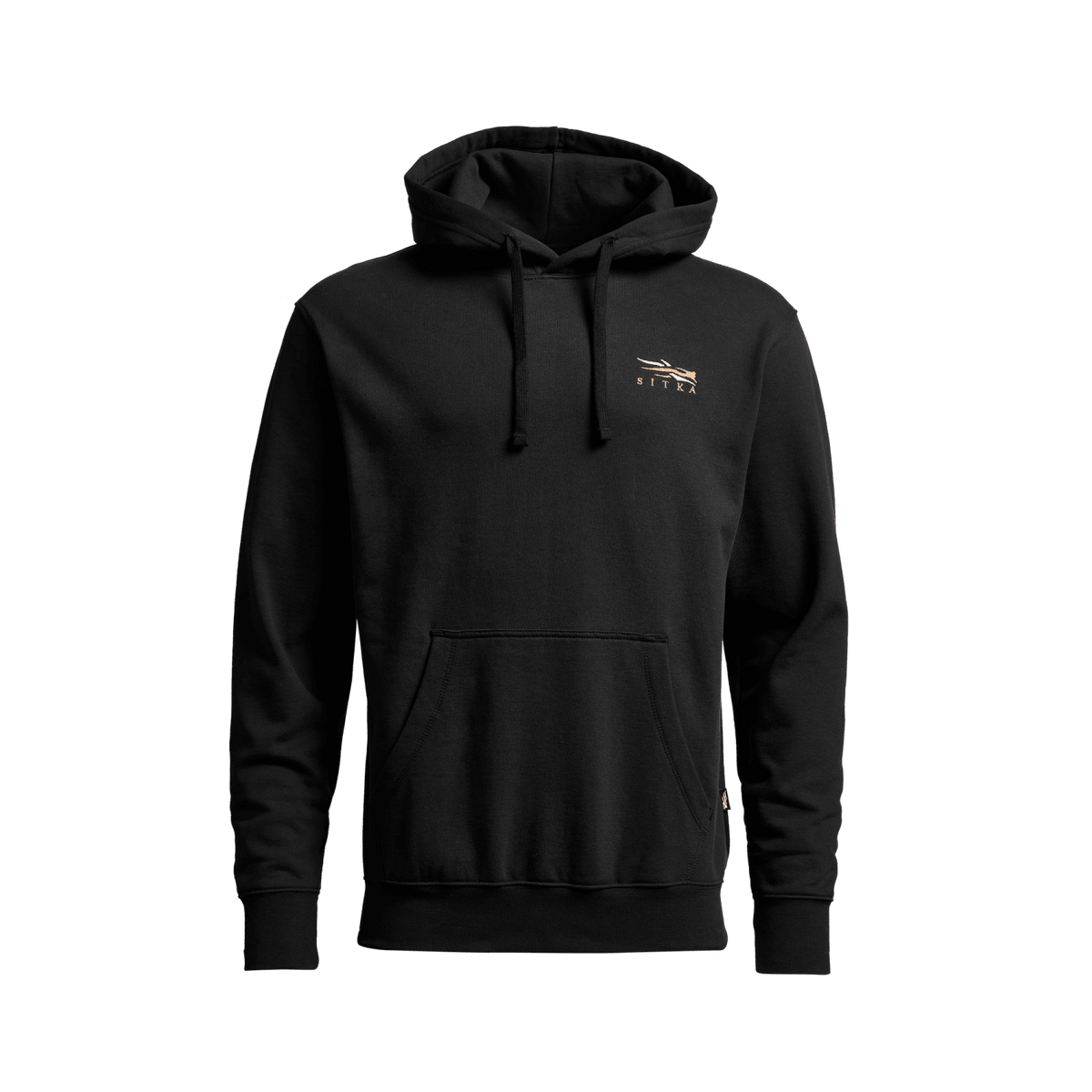 Black pullover hoodie with attached hood, drawstring, and kangaroo pocket