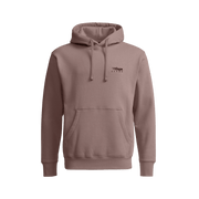 Brown pullover hoodie with hood drawstrings and front chest logo