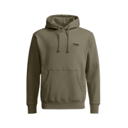 Olive pullover hoodie with hood, drawstring, and front kangaroo pocket