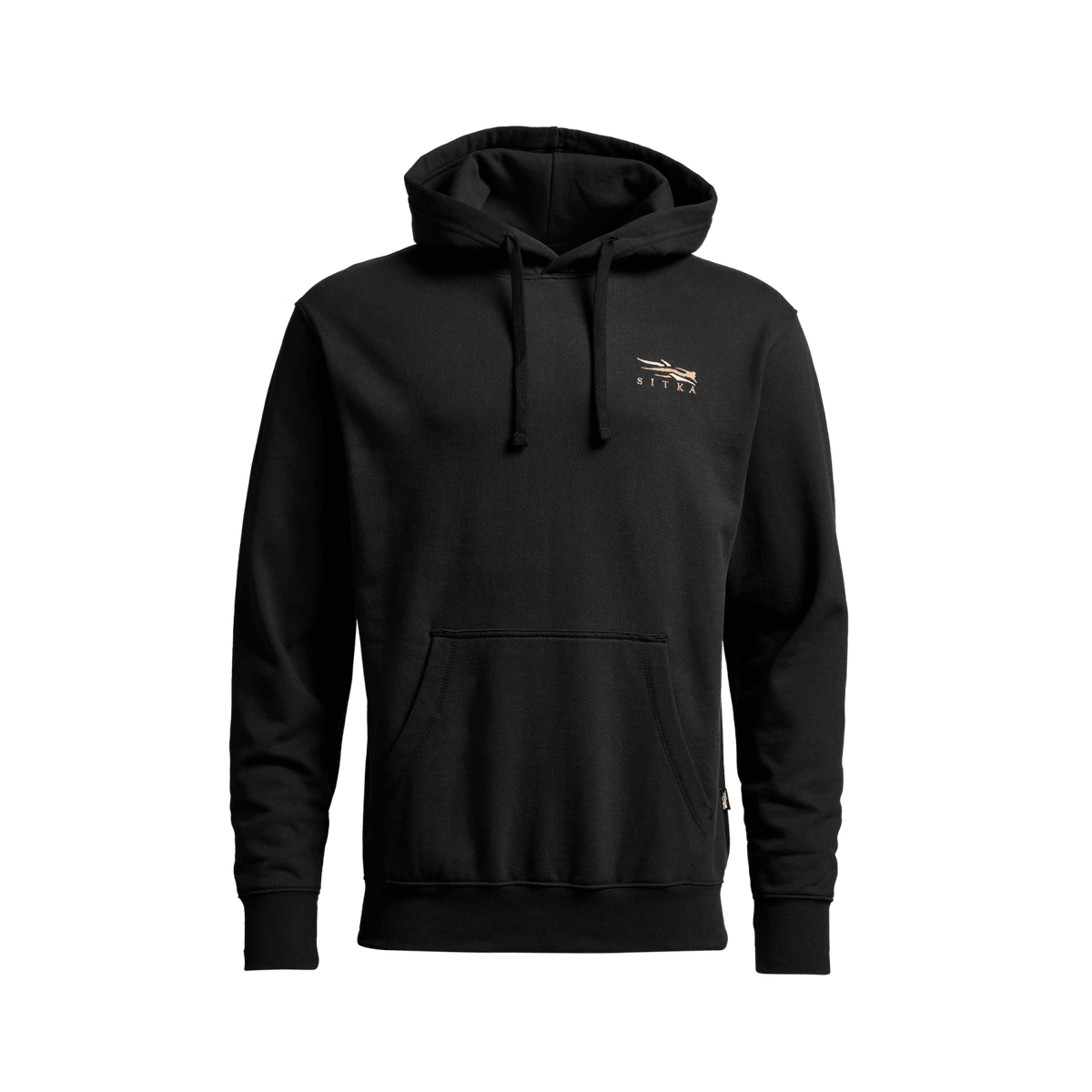 Black pullover hoodie with hood and drawstring; Sitka chest logo
