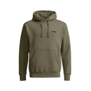 Olive tan pullover hoodie with hood, drawstrings, and front kangaroo pocket