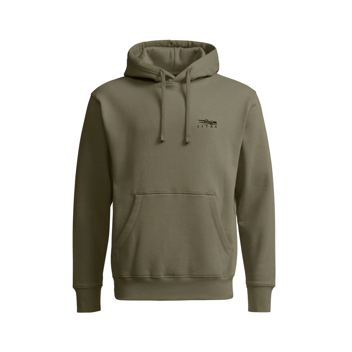 Olive tan pullover hoodie with hood, drawstrings, and front kangaroo pocket