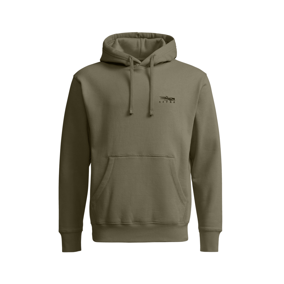 Olive green pullover hoodie with drawstring hood and front pouch pocket