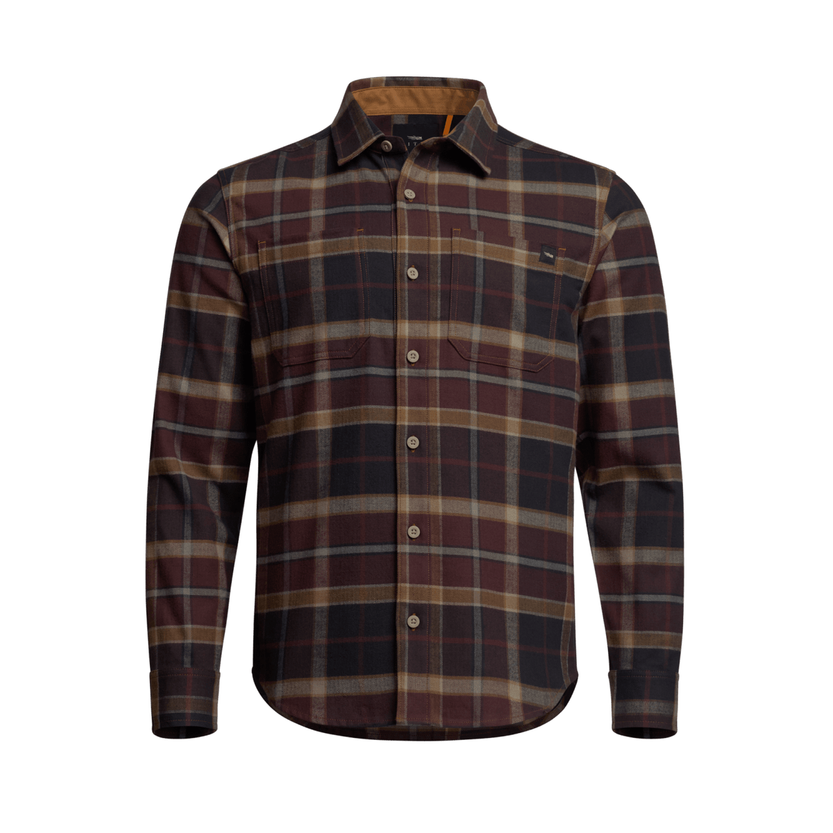 Lightweight plaid flannel button-up shirt with point collar and long sleeves