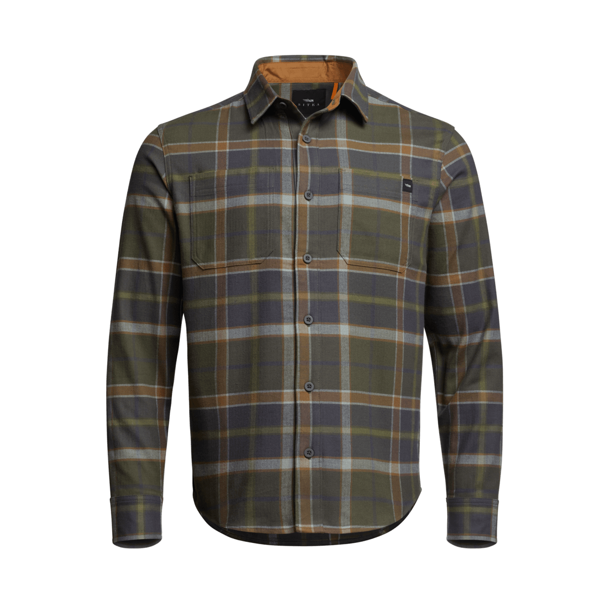 Ashland lightweight flannel shirt in olive and tan plaid, button front and chest pocket