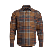 Lightweight plaid flannel shirt, tan and rust plaid, button-front, chest pocket