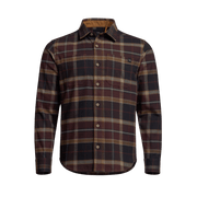 Plaid flannel shirt front with point collar, long sleeves, and button placket