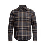 Lightweight flannel shirt in dark gray and tan plaid with button-front closure.