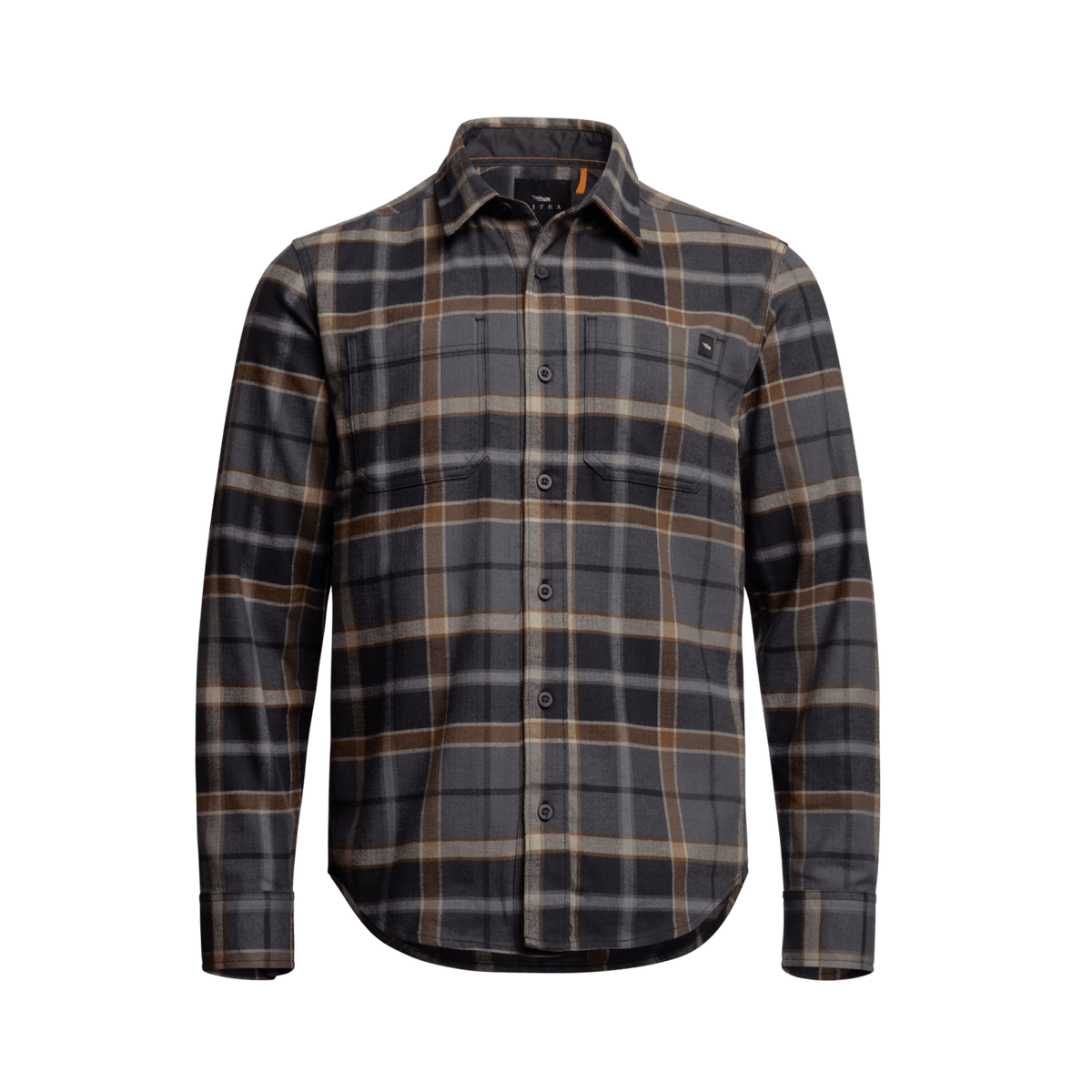 Lightweight flannel shirt in dark gray and tan plaid with button-front closure.