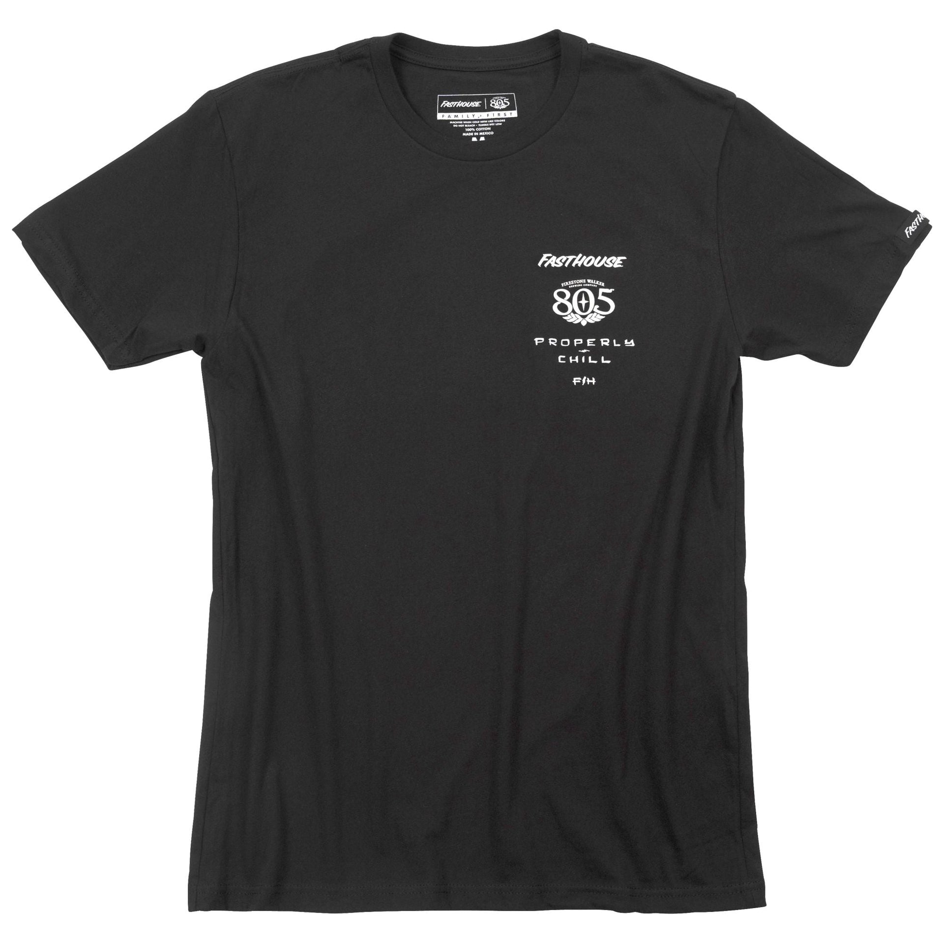 Black Fasthouse crew-neck short-sleeve T-shirt with front 805 graphic.