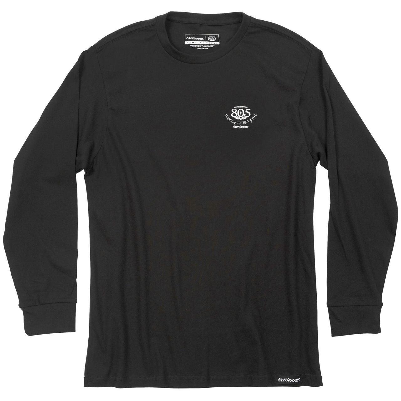 Black long-sleeve tee with small 805 Family First chest logo