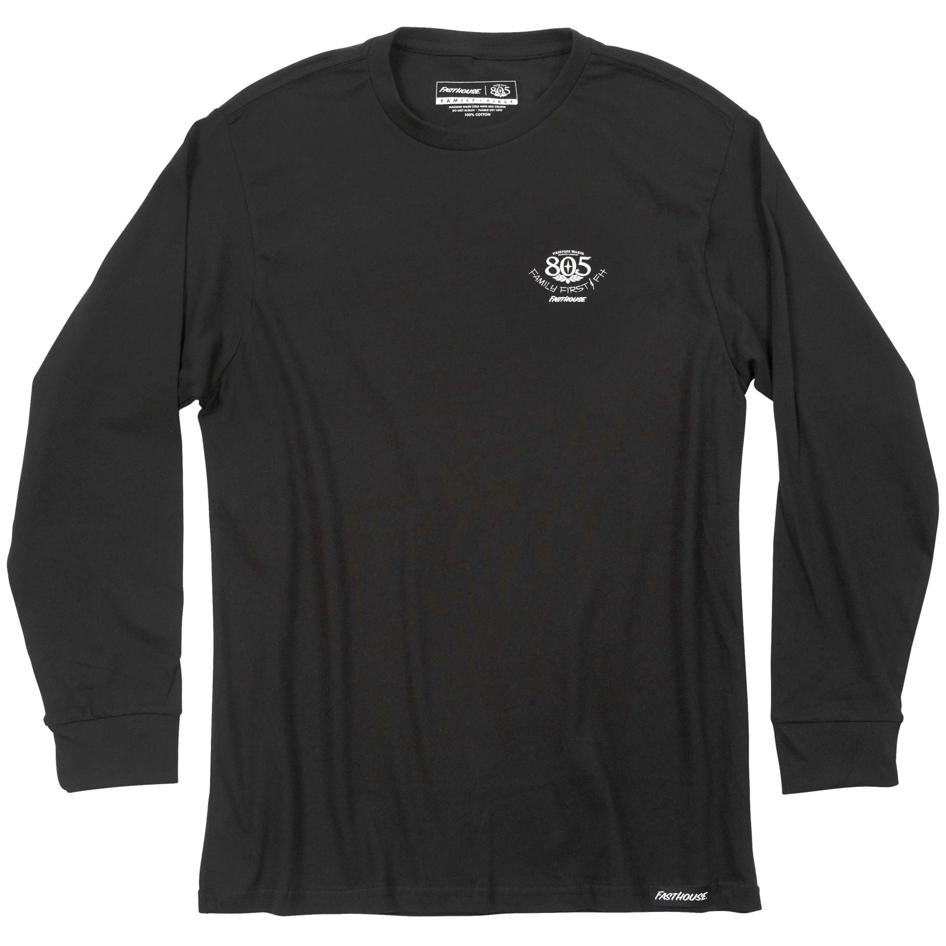 Black long-sleeve tee with small 805 Family First chest logo