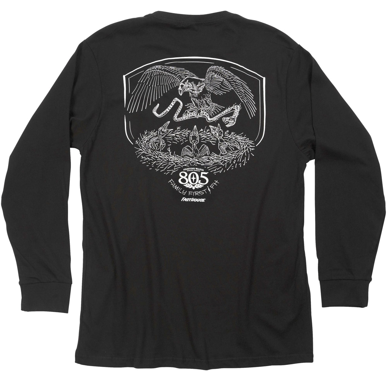 Black long-sleeve tee with large back 805 Family First eagle graphic