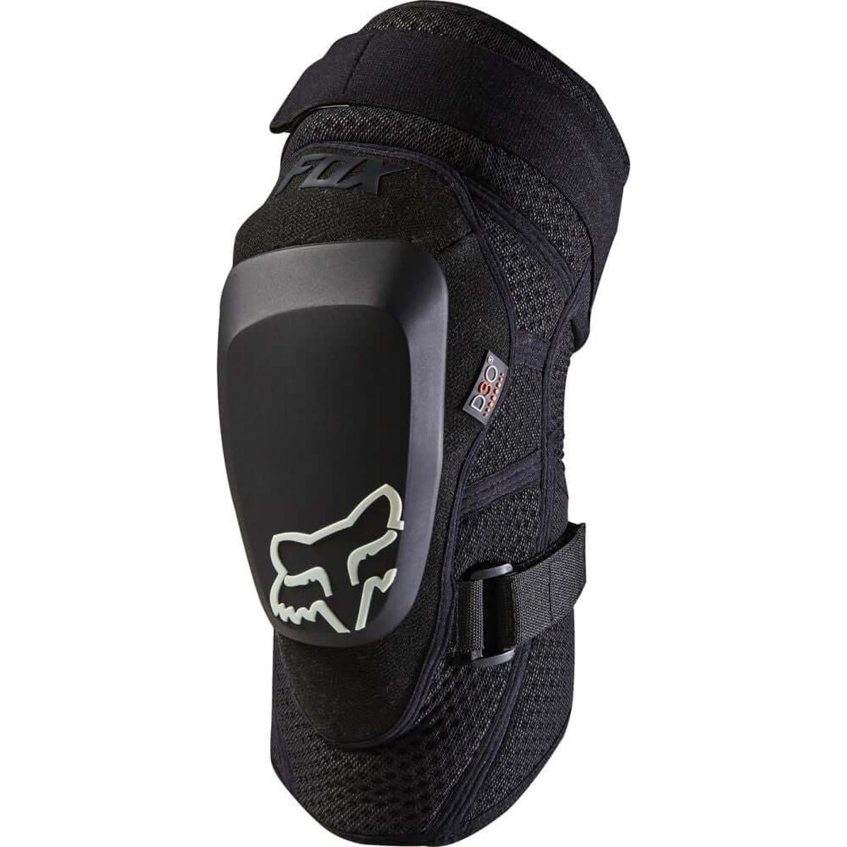 Black knee guard with protective insert and Fox logo patch