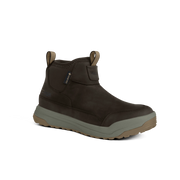 Dark brown leather ankle boot with side pull tab and light midsole