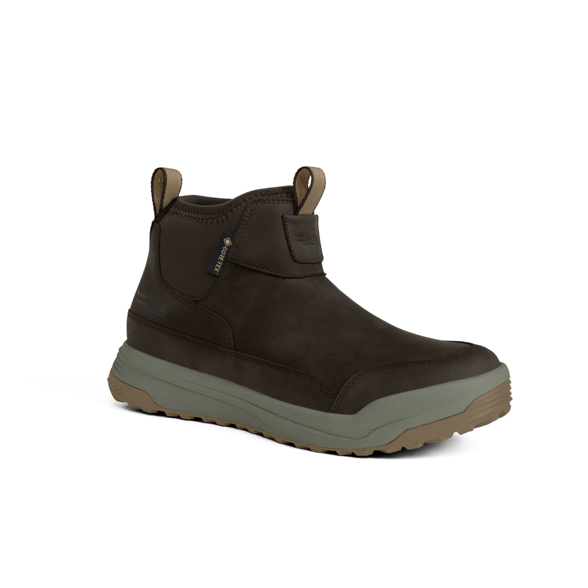 Dark brown leather ankle boot with side pull tab and light midsole