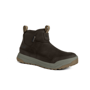 Dark brown suede mid boot with pull tabs and blue logo label, gray outsole
