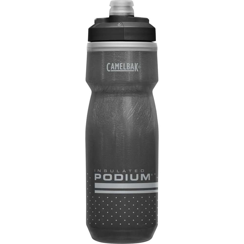 Black insulated bike water bottle with flip cap and CAMELBAK logo, Podium