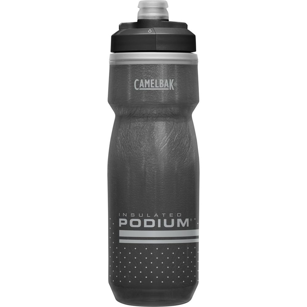 Insulated CamelBak Podium bike water bottle, black with gray top and patterned grip