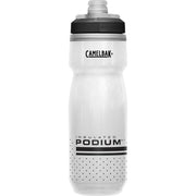 Insulated CamelBak Podium bike water bottle, white with gray cap and dot-pattern grip
